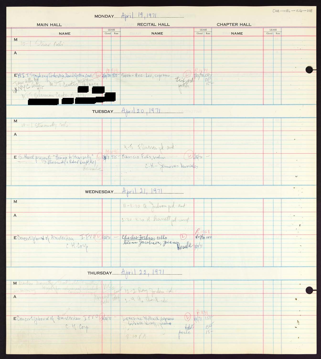 Carnegie Hall Booking Ledger, volume 16, page 68