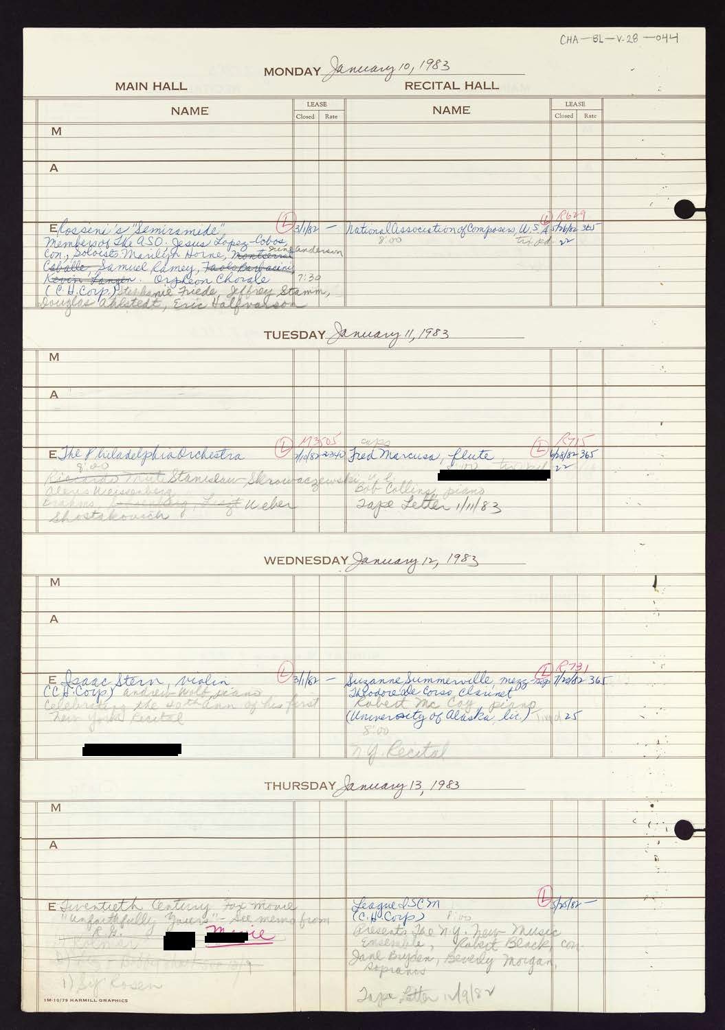 Carnegie Hall Booking Ledger, volume 28, page 44