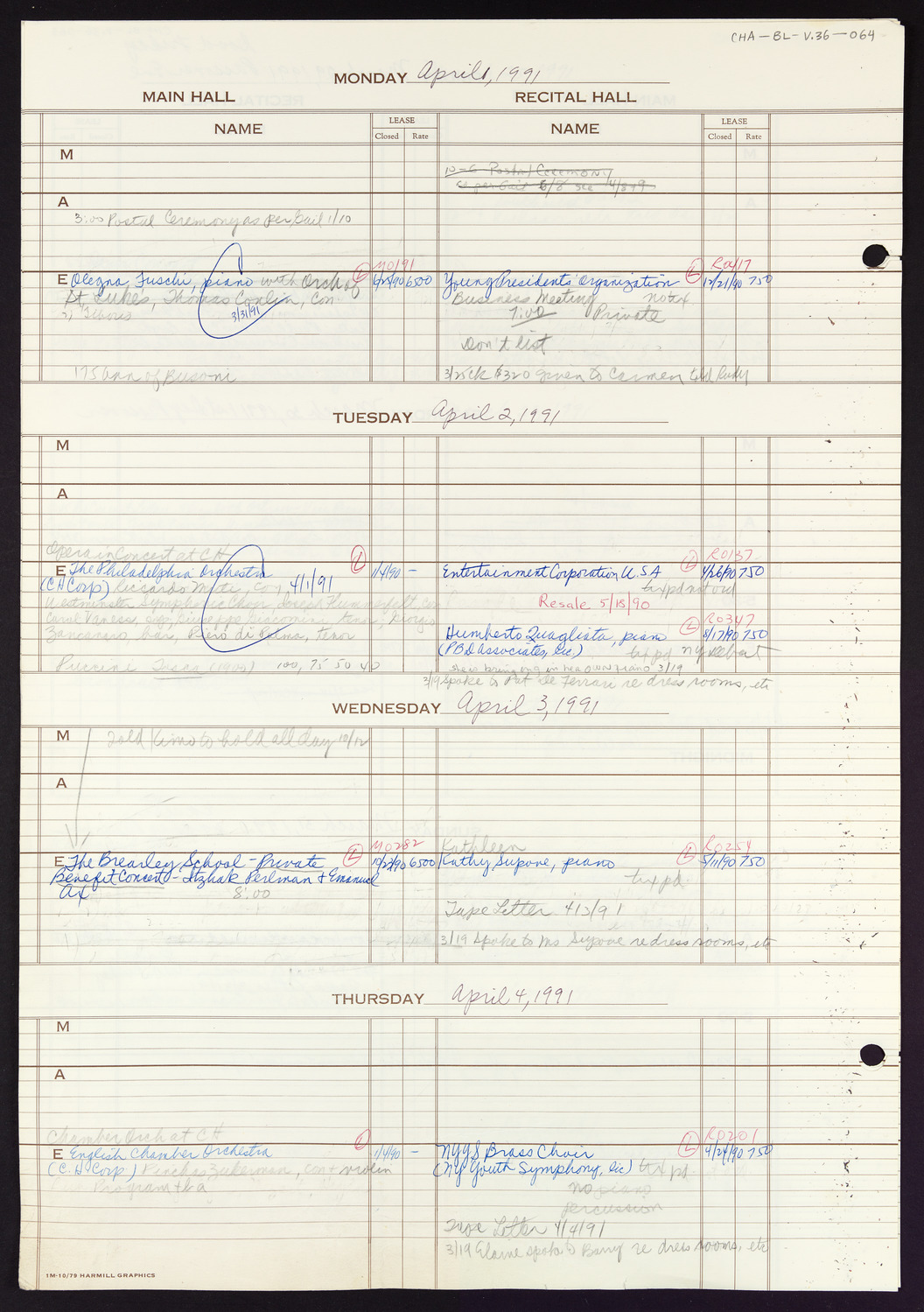 Carnegie Hall Booking Ledger, volume 36, page 64