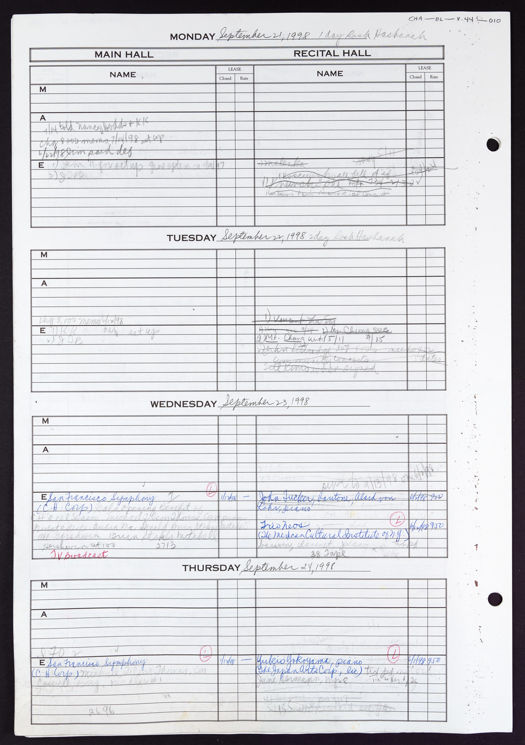 Carnegie Hall Booking Ledger, volume 44, page 10