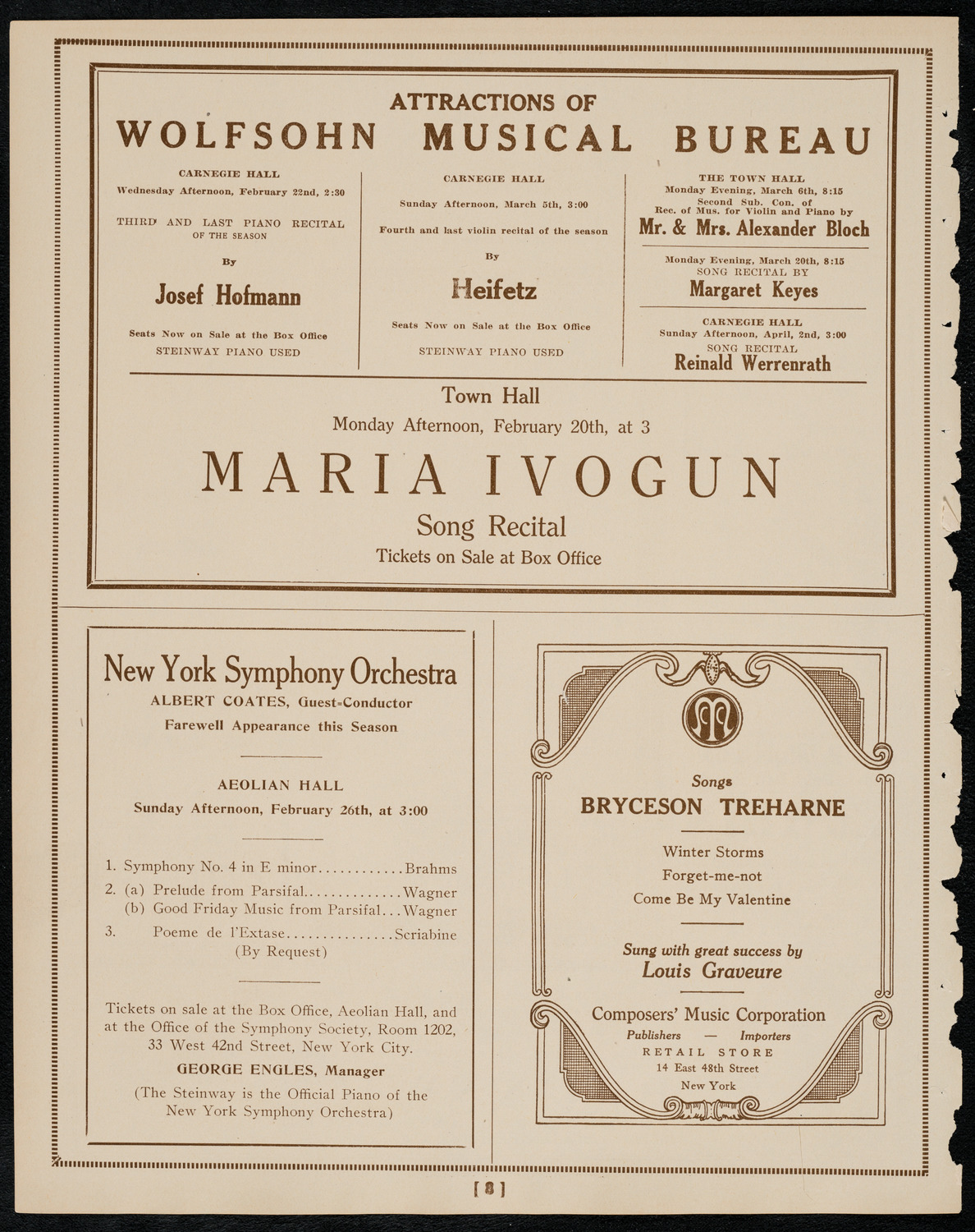 New York Philharmonic, February 19, 1922, program page 8