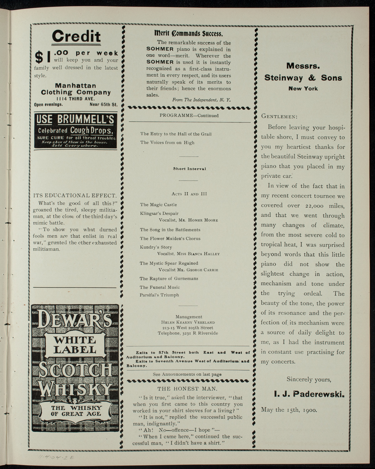 Bruce Gordon Kingsley/ Operatic Recital on Parsifal, November 4, 1904, program page 3