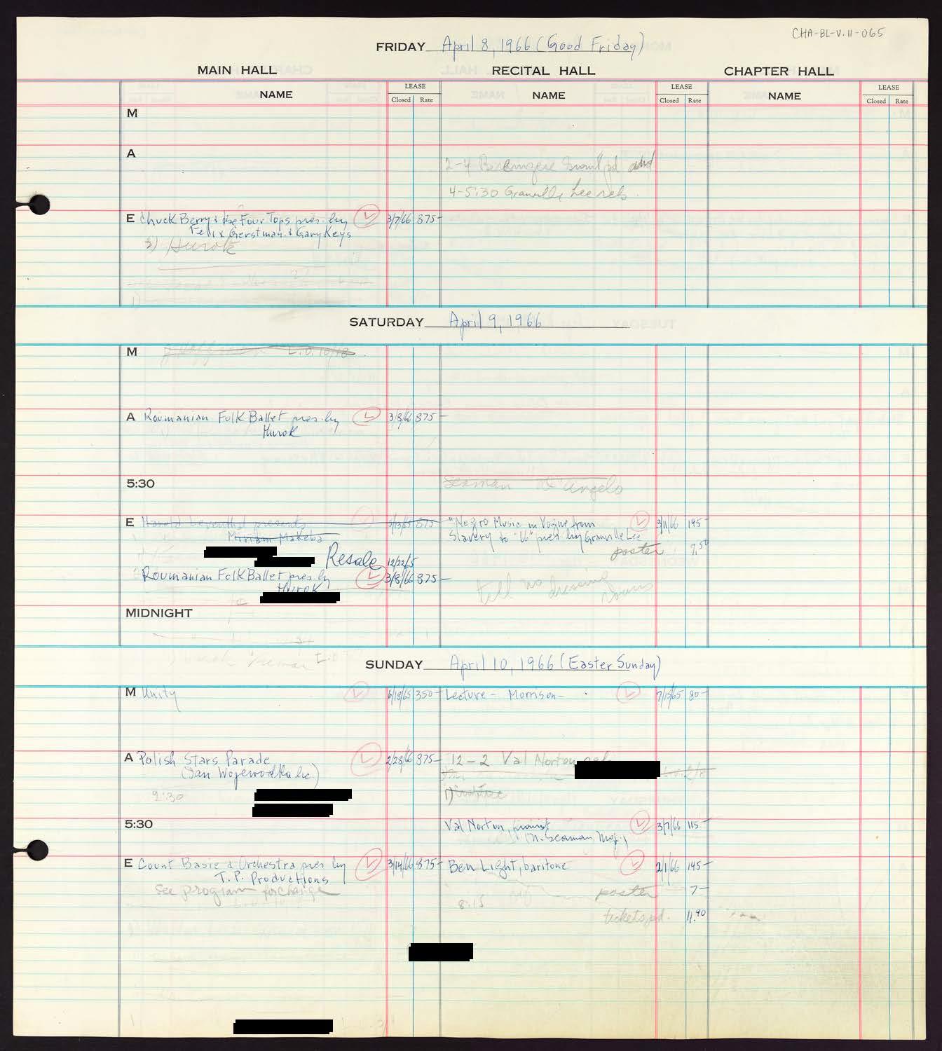 Carnegie Hall Booking Ledger, volume 11, page 65