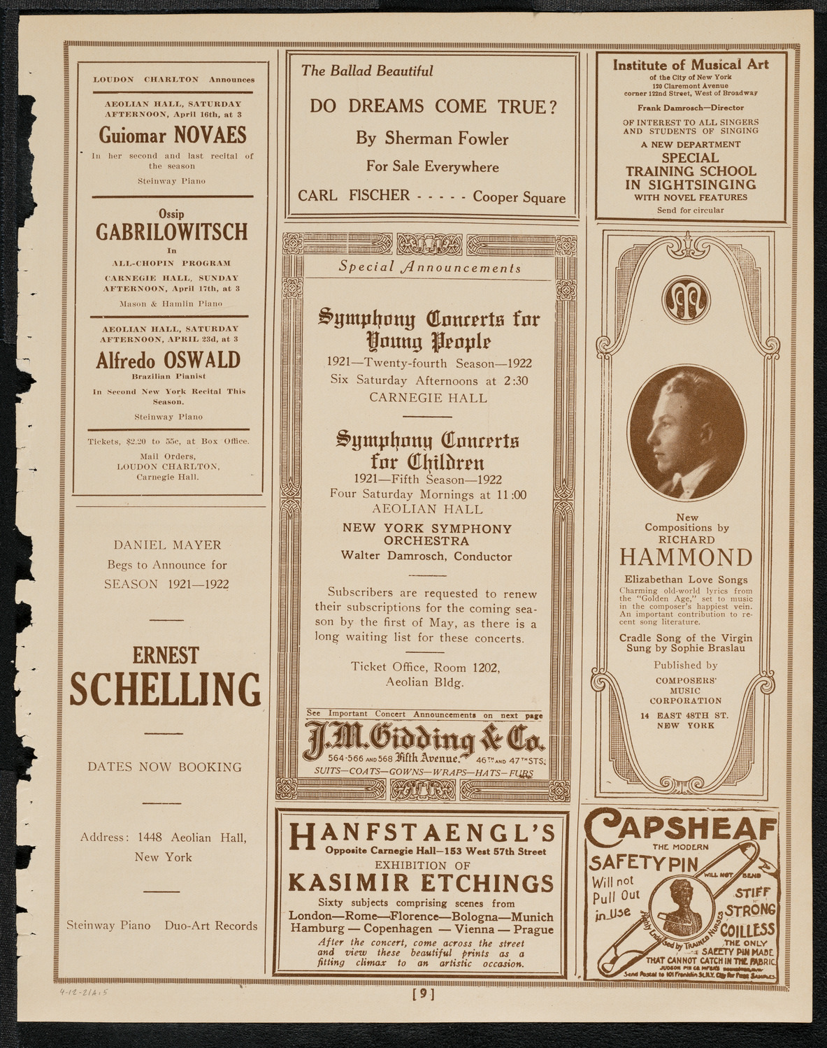 National Symphony Orchestra, April 12, 1921, program page 9