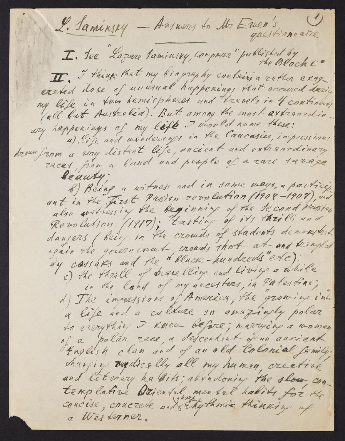 Correspondence from Lazare Saminsky to David Ewen, page 2 of 5