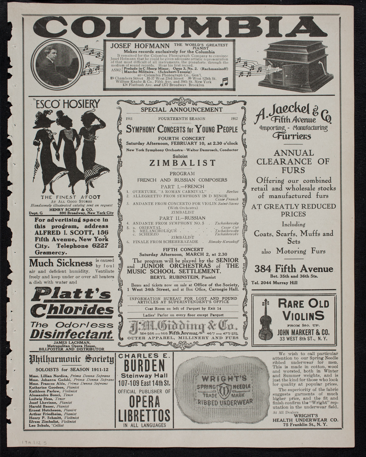 New York Philharmonic, January 19, 1912, program page 9