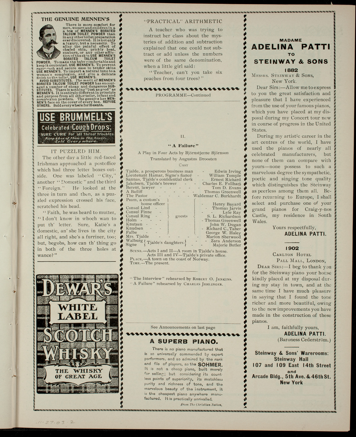 Academy Stock Company of the American Academy of Dramatic Arts/Empire Theatre Dramatic School, November 27, 1903, program page 3