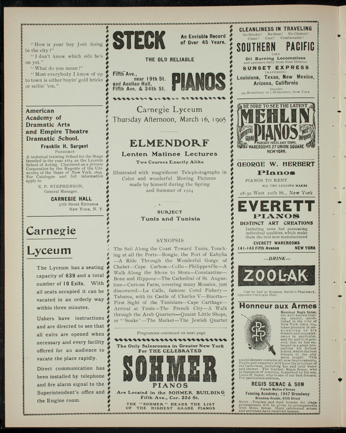 Elmendorf Lecture: Tunis and Tunisia, March 16, 1905, program page 2