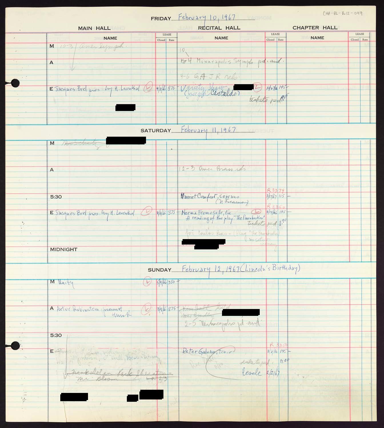 Carnegie Hall Booking Ledger, volume 12, page 49