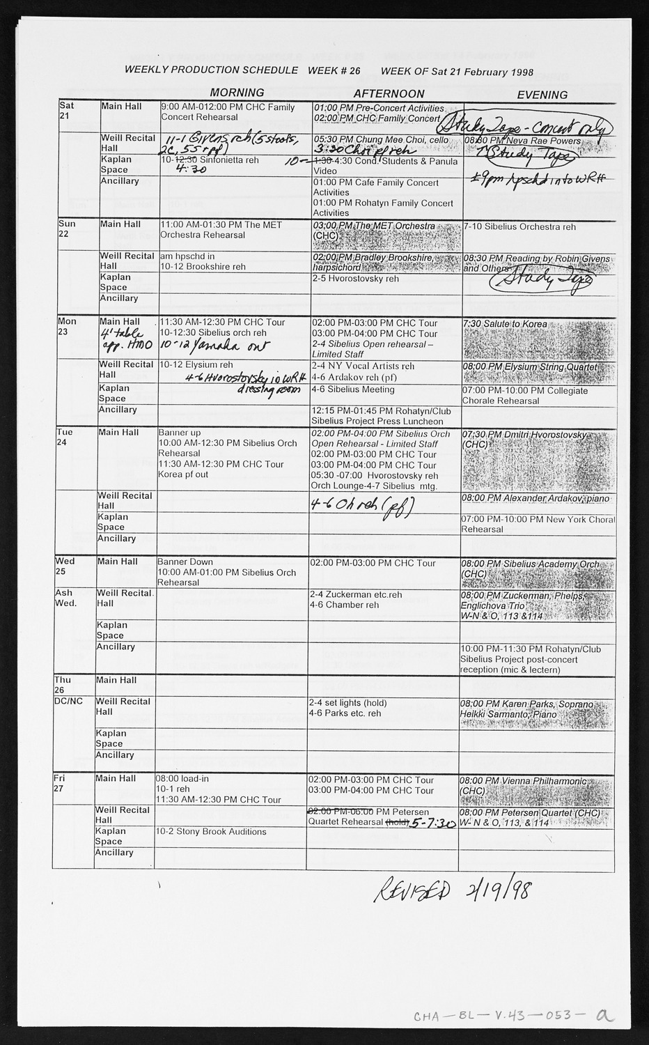 Carnegie Hall Booking Ledger, volume 43, page 53a