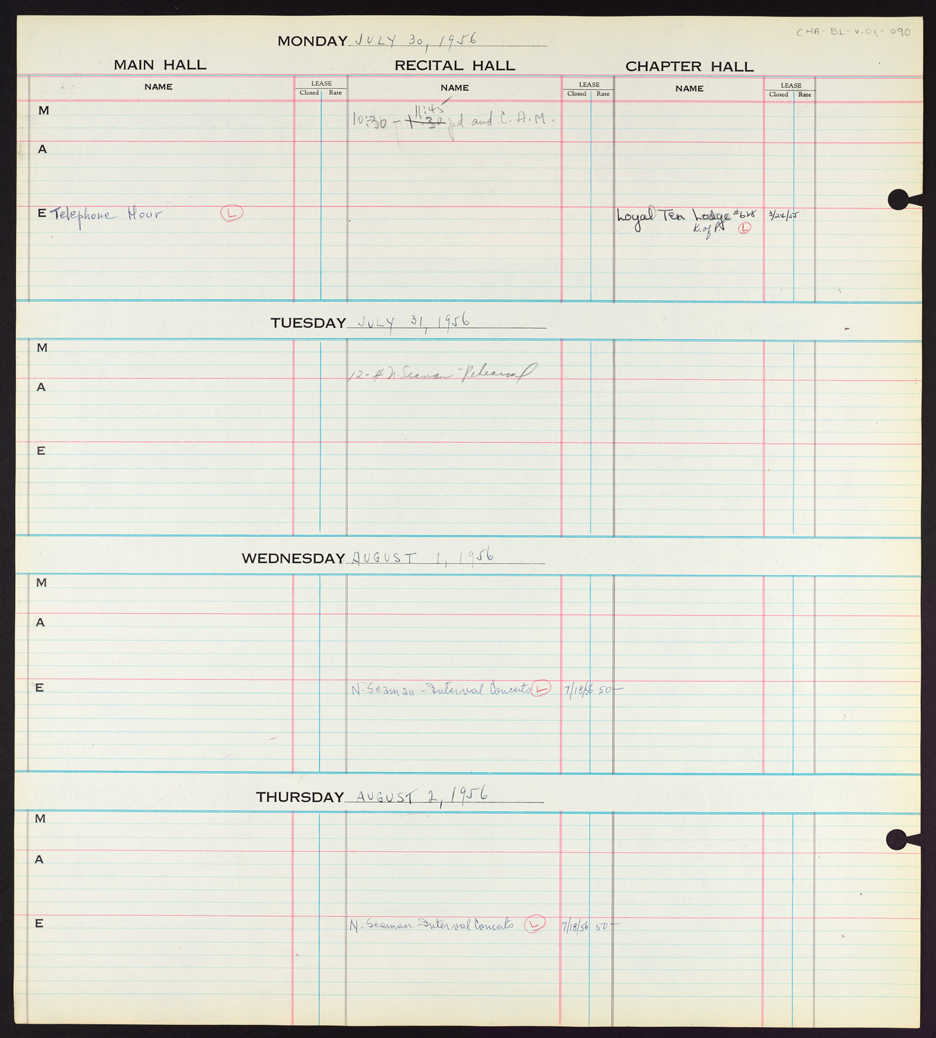 Carnegie Hall Booking Ledger, volume 1, page 90