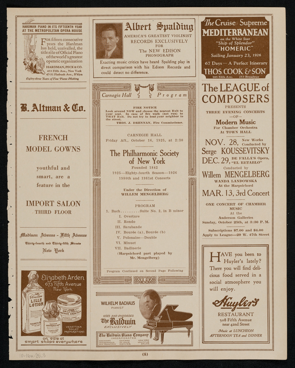 New York Philharmonic, October 16, 1925, program page 5