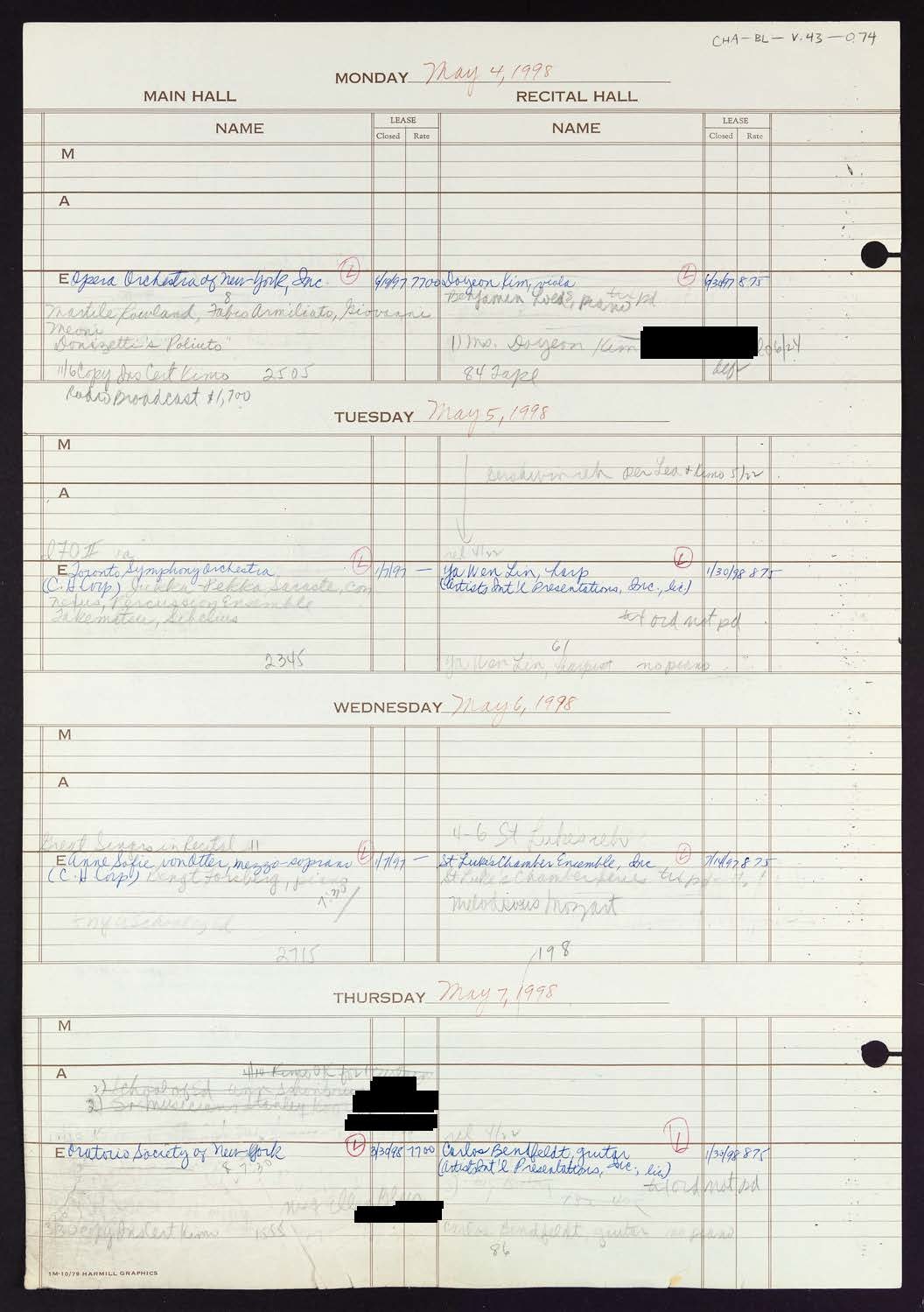 Carnegie Hall Booking Ledger, volume 43, page 74