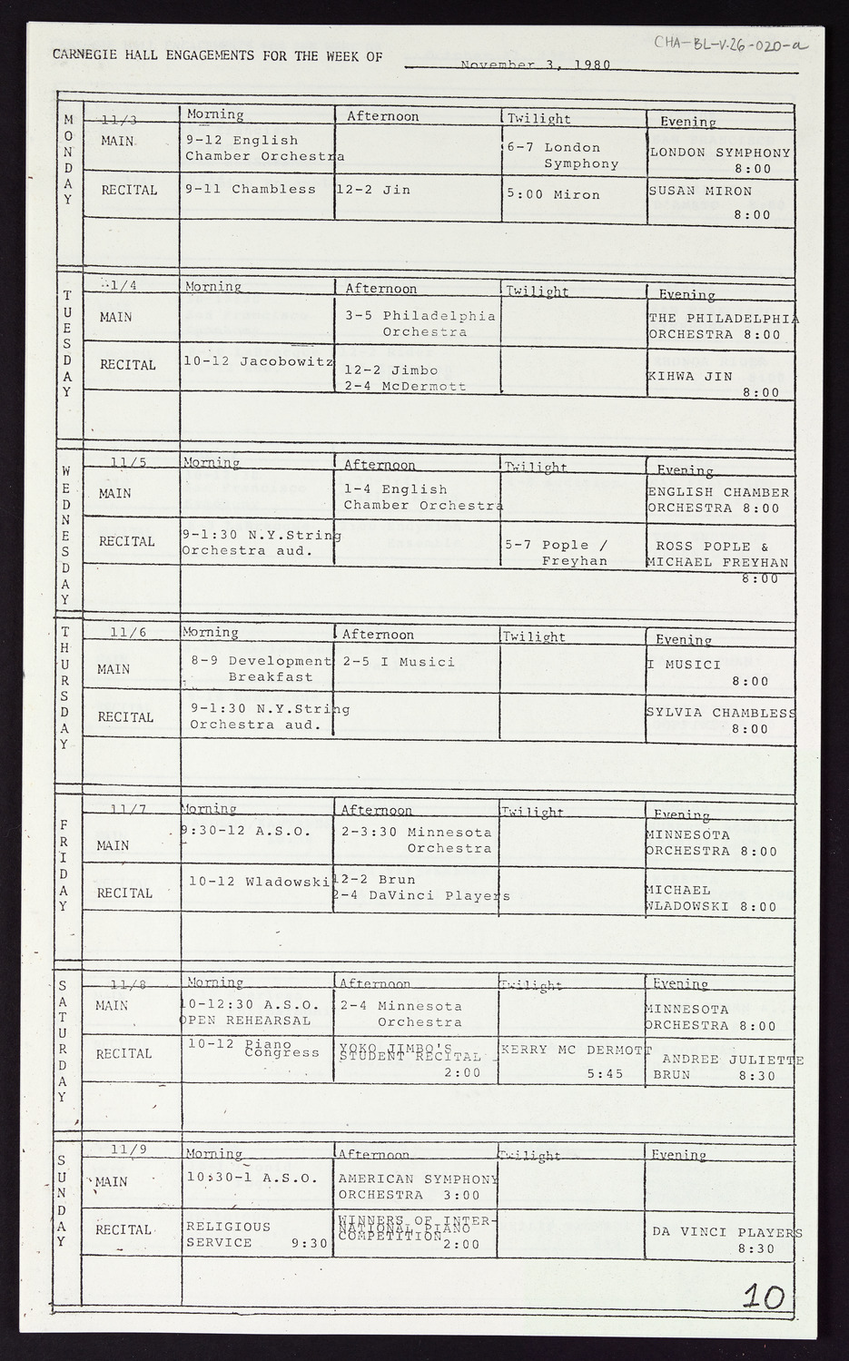 Carnegie Hall Booking Ledger, volume 26, page 20a