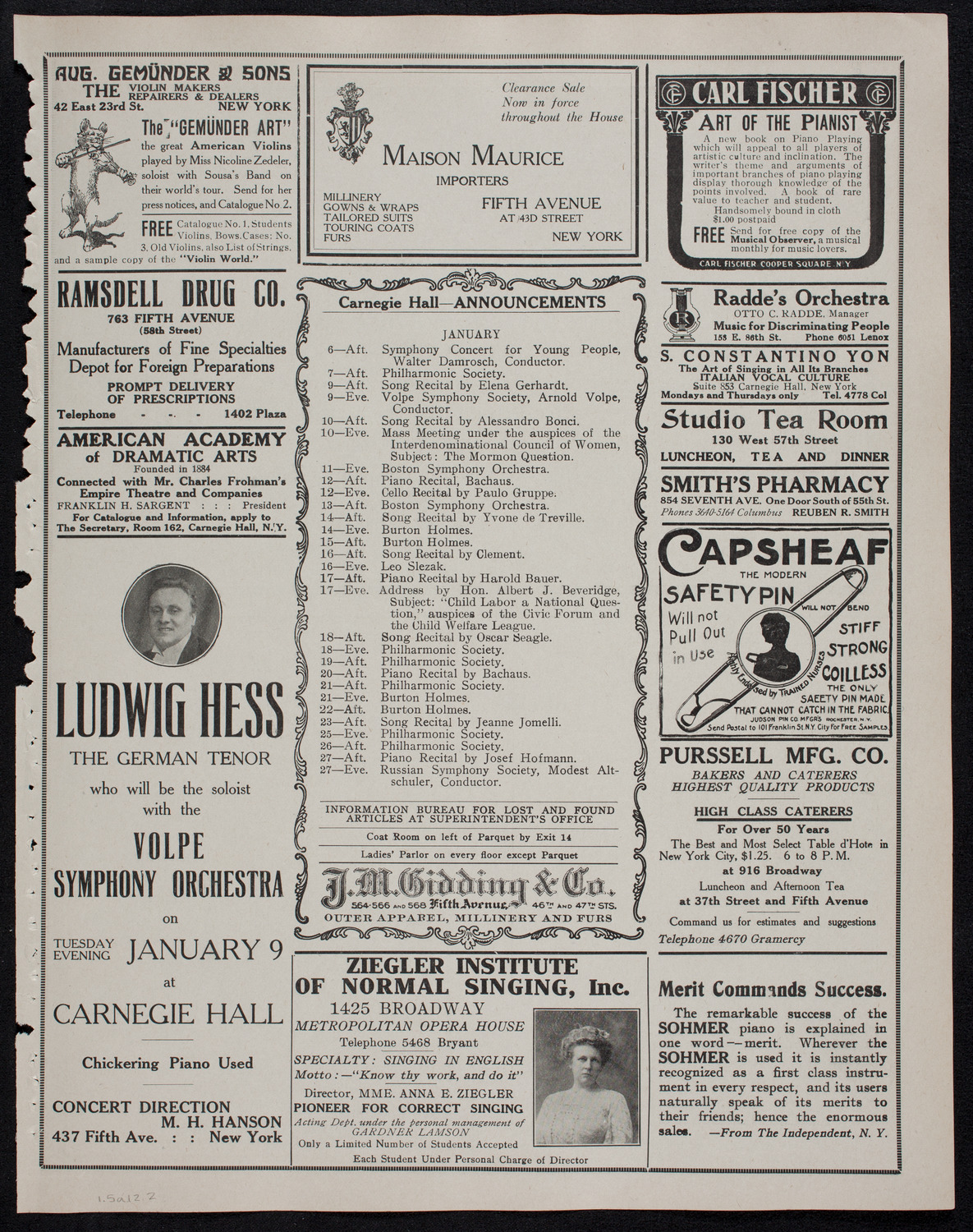 New York Philharmonic, January 5, 1912, program page 3