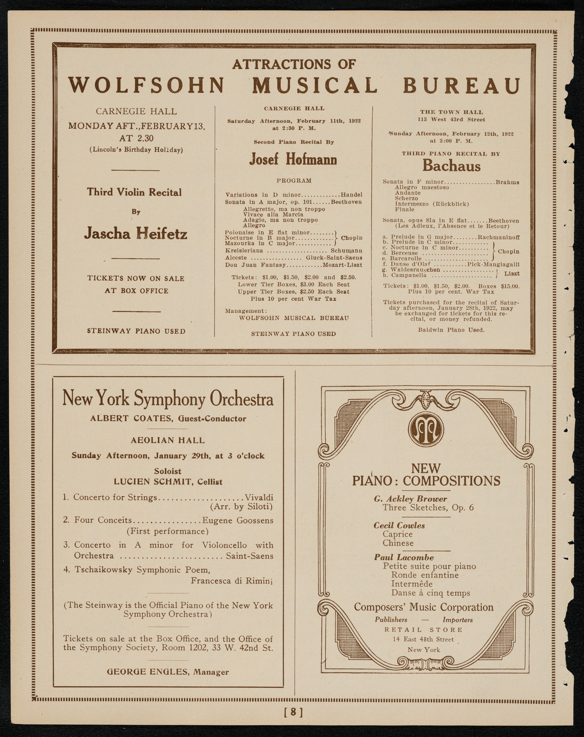 New York Philarmonic, January 26, 1922, program page 8