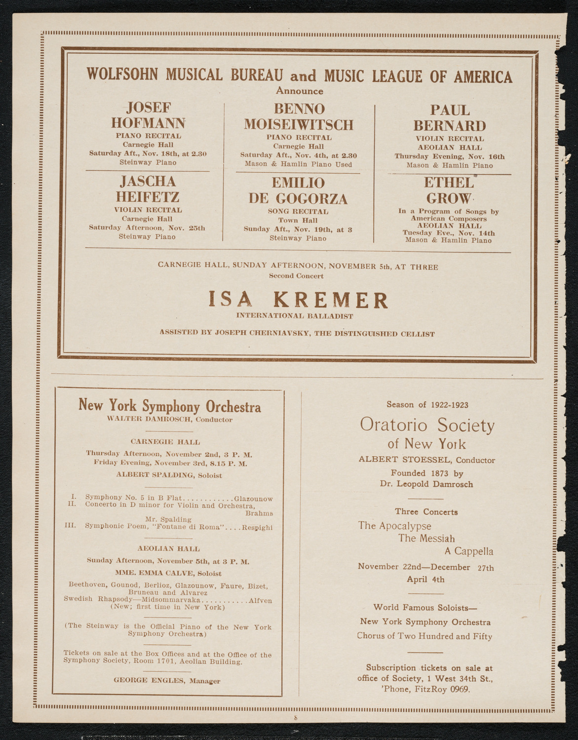 Isa Kremer, Soprano, October 29, 1922, program page 8