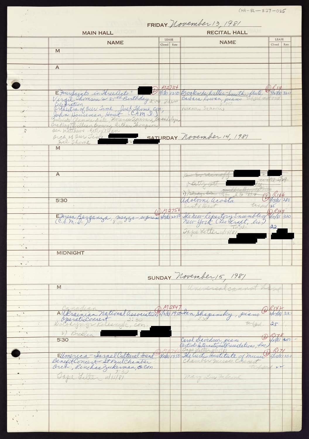 Carnegie Hall Booking Ledger, volume 27, page 25