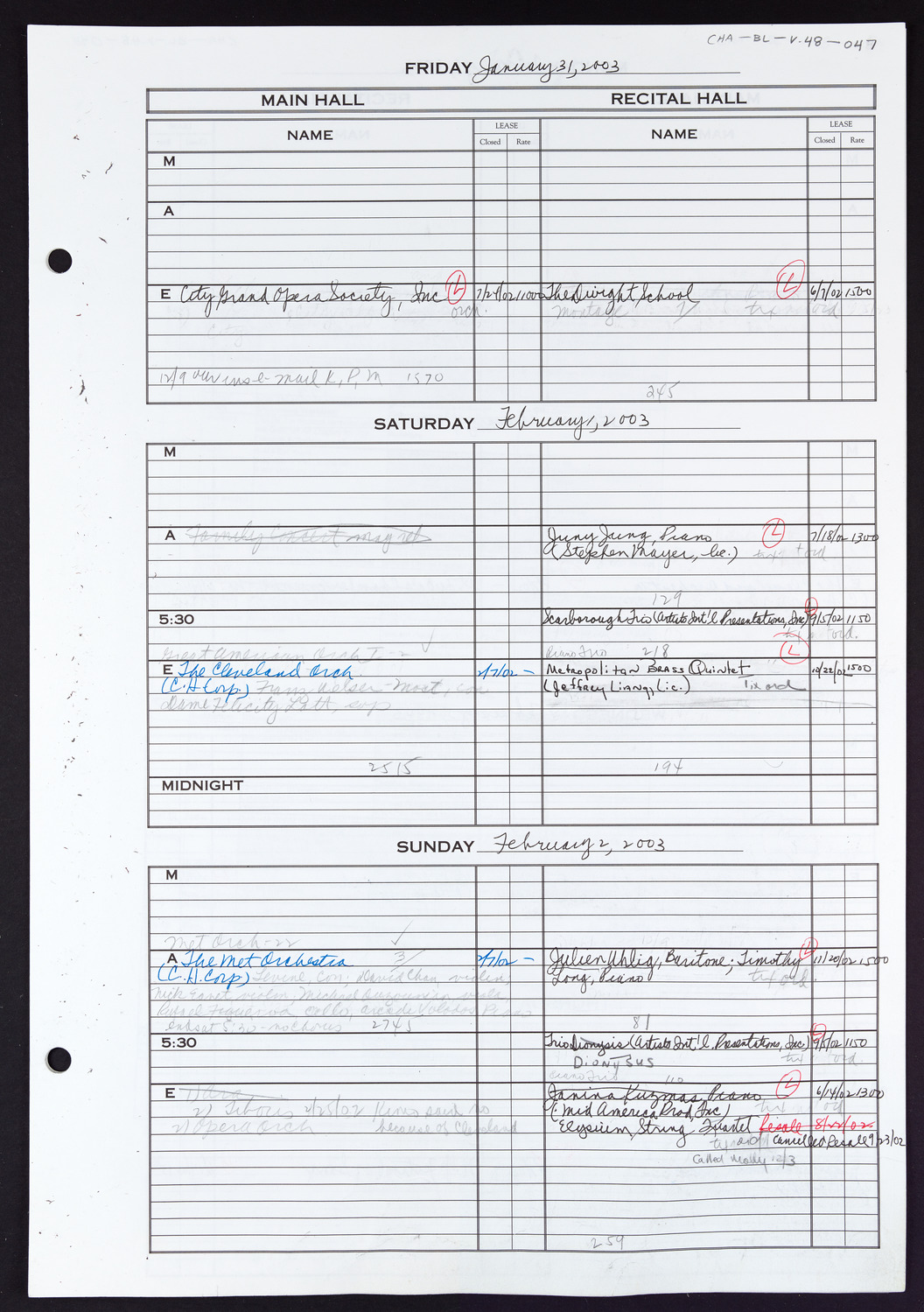 Carnegie Hall Booking Ledger, volume 48, page 47