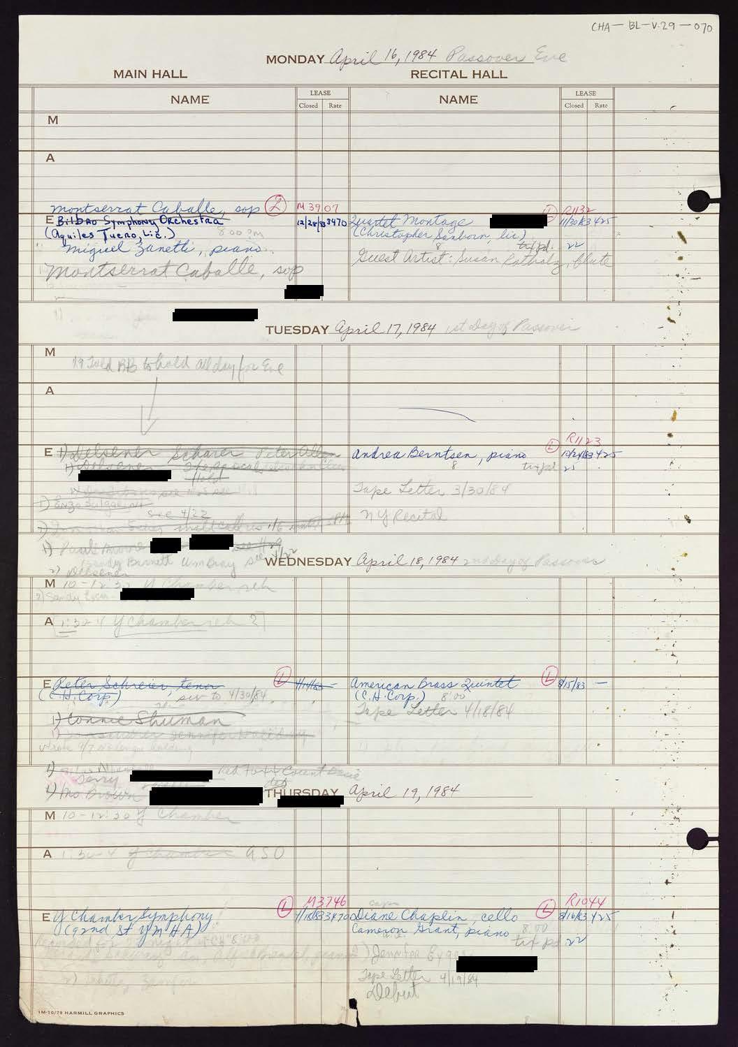 Carnegie Hall Booking Ledger, volume 29, page 70