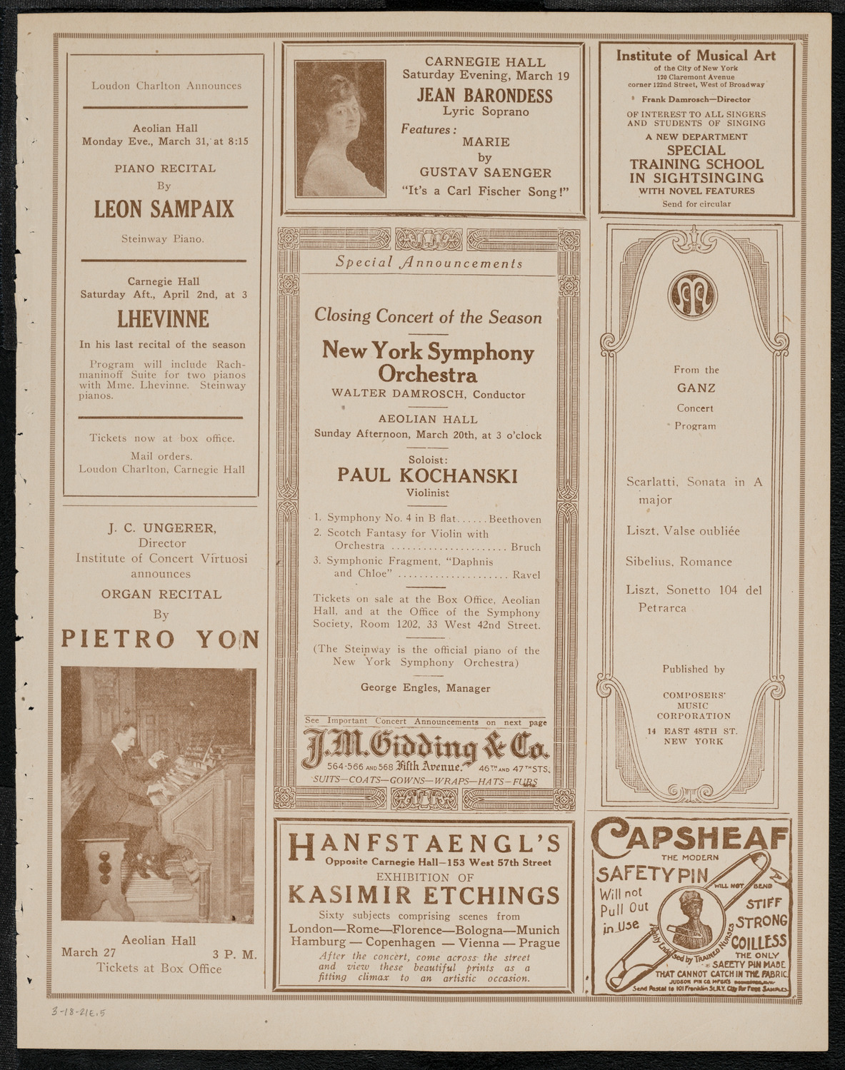 New York Symphony Orchestra, March 18, 1921, program page 9