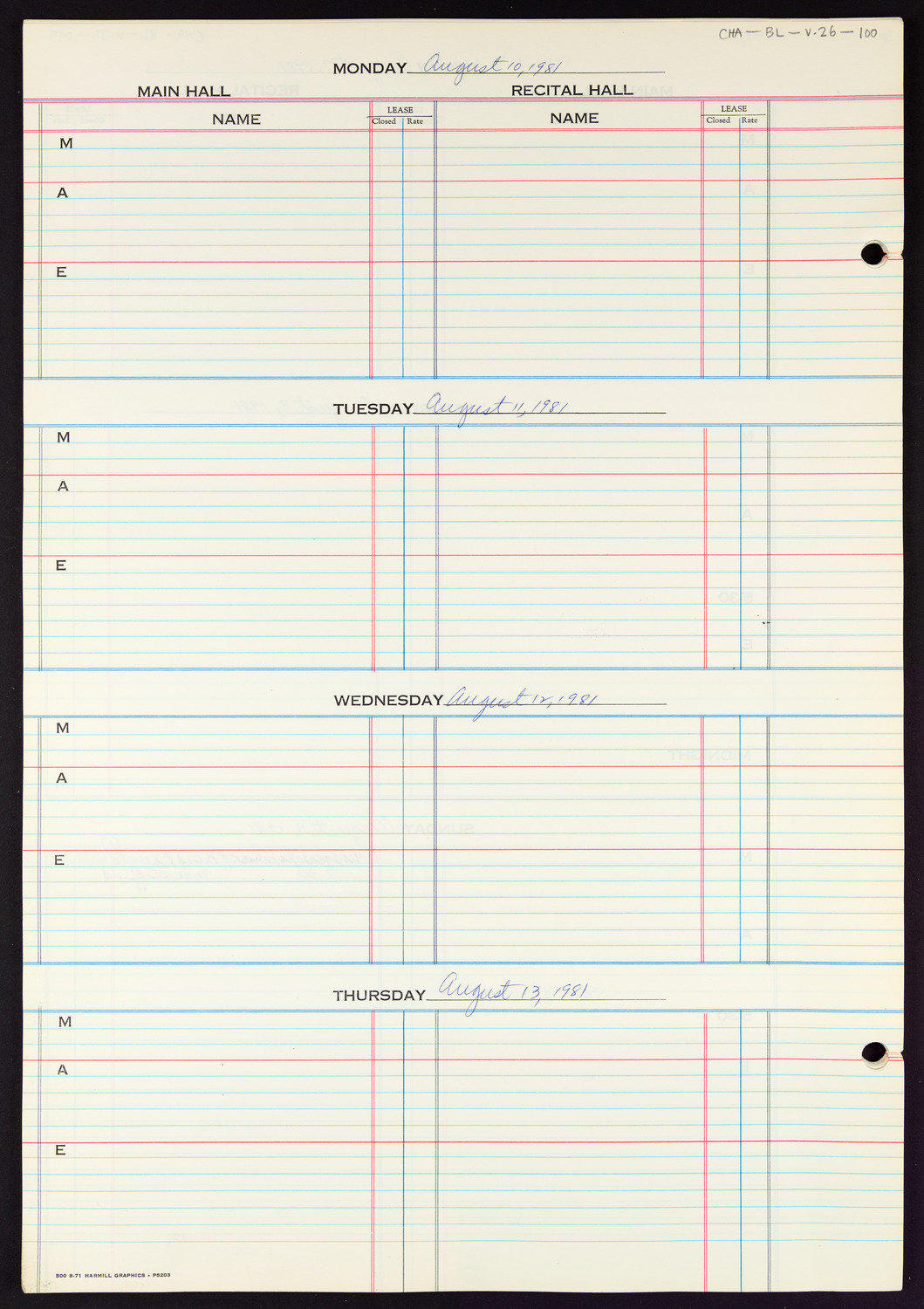 Carnegie Hall Booking Ledger, volume 26, page 100