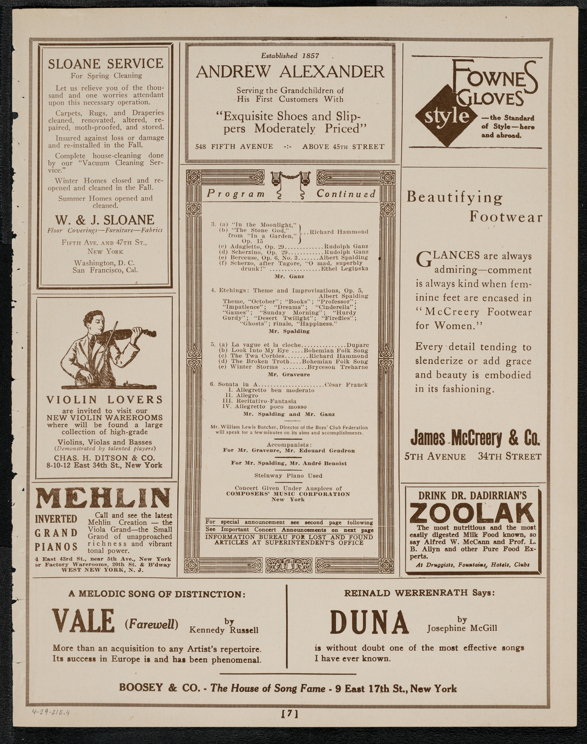 Benefit: Boys' Club Federation: Louis Graveure, Albert Spalding, and Rudolph Ganz, April 29, 1921, program page 7