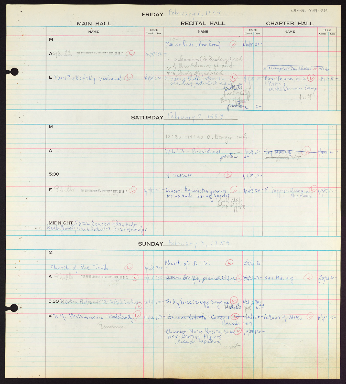 Carnegie Hall Booking Ledger, volume 4, page 39