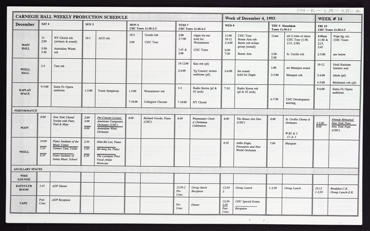 Carnegie Hall Booking Ledger, volume 39, page 31a