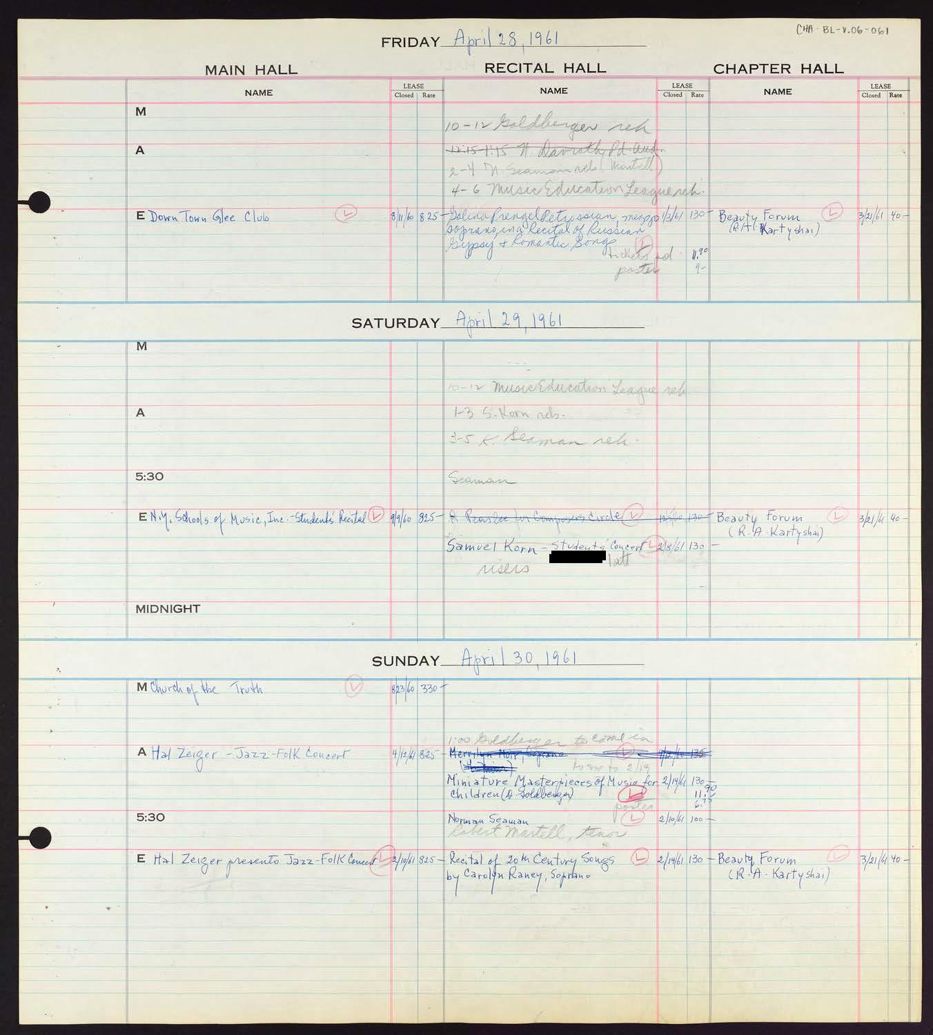 Carnegie Hall Booking Ledger, volume 6, page 61