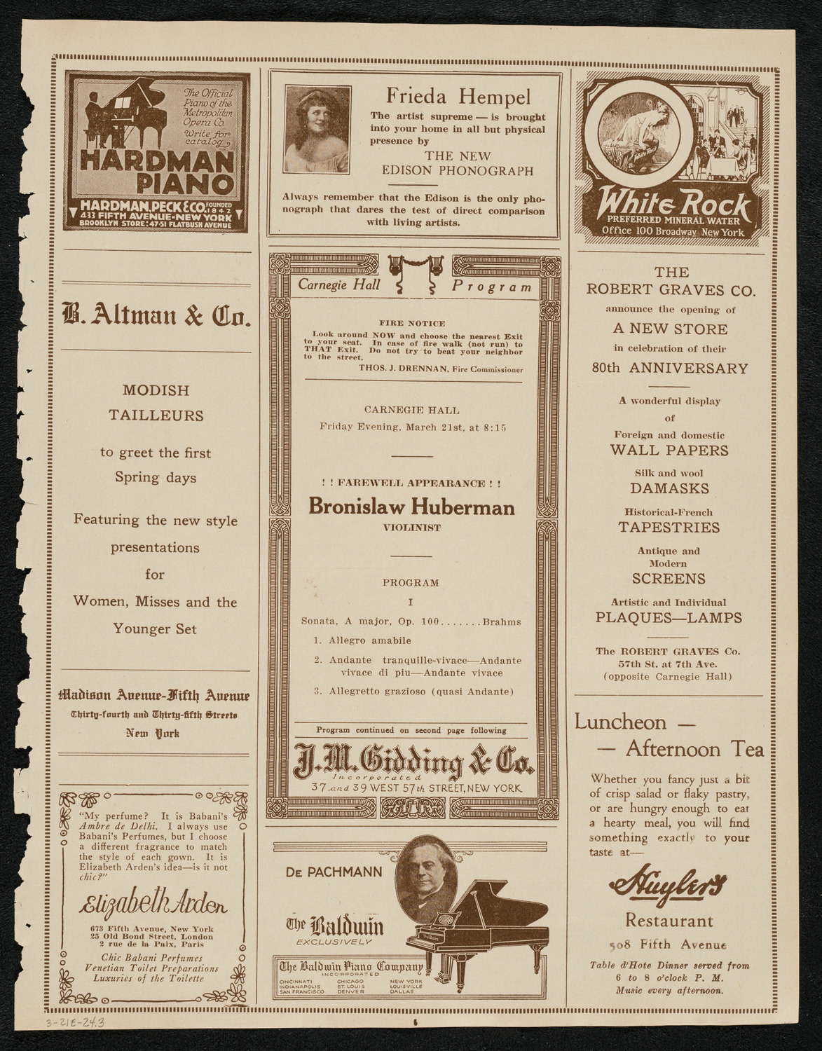 Bronislaw Huberman, Violin, March 21, 1924, program page 5