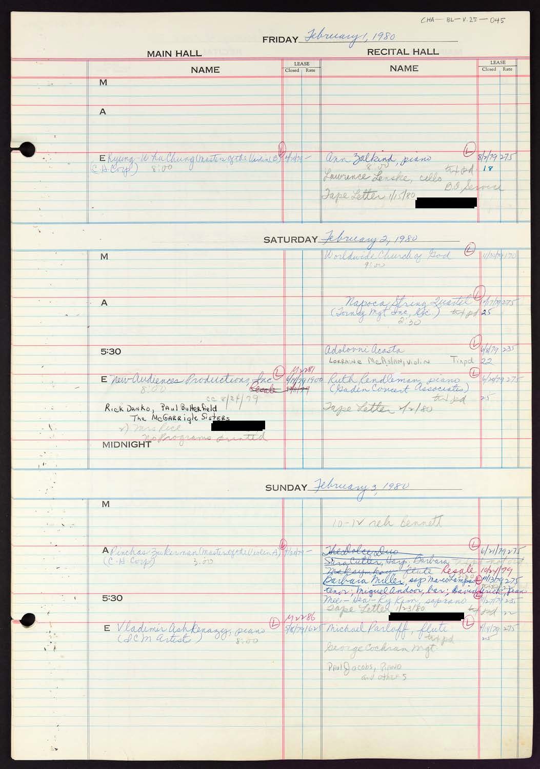 Carnegie Hall Booking Ledger, volume 25, page 45