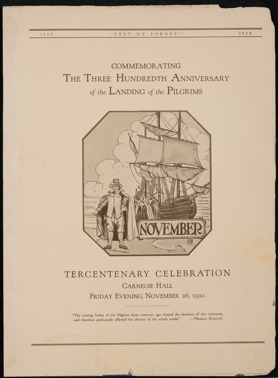 Three Hundredth Anniversary of the Landing of the Pilgrims, November 26, 1920, program page 1