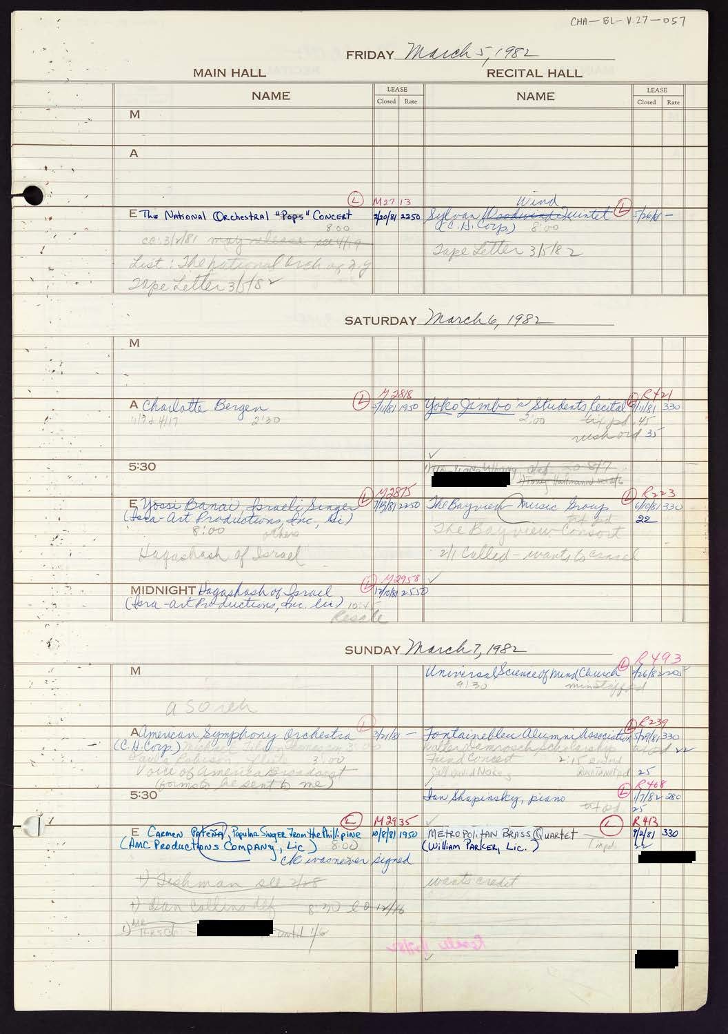 Carnegie Hall Booking Ledger, volume 27, page 57