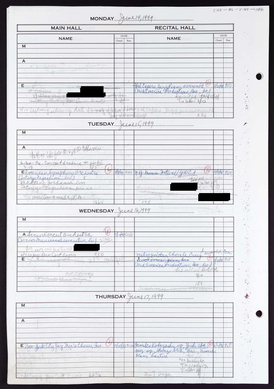 Carnegie Hall Booking Ledger, volume 44, page 86