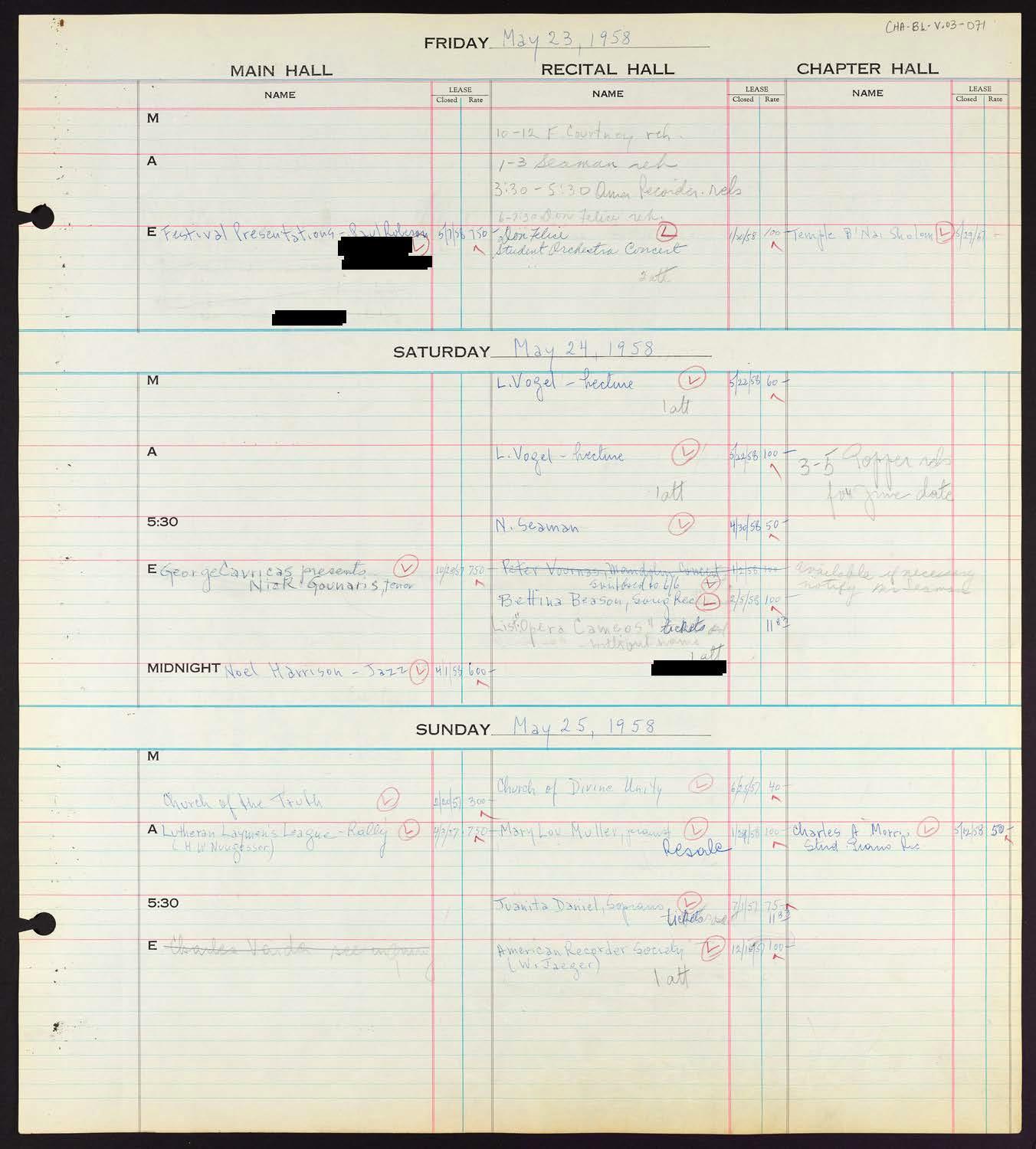 Carnegie Hall Booking Ledger, volume 3, page 71