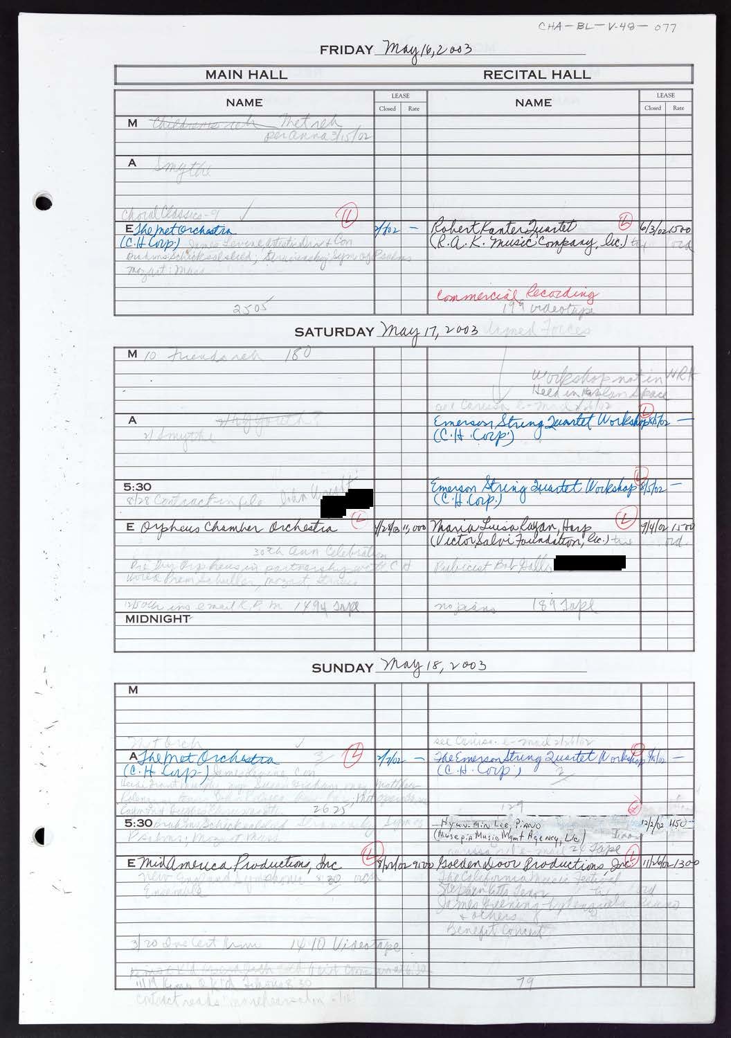 Carnegie Hall Booking Ledger, volume 48, page 77