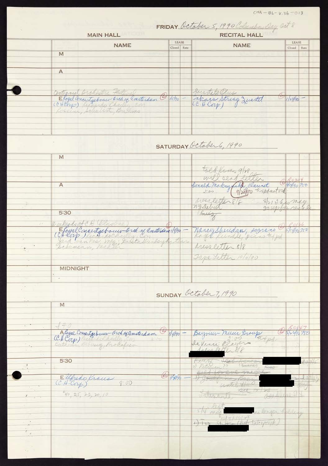 Carnegie Hall Booking Ledger, volume 36, page 13