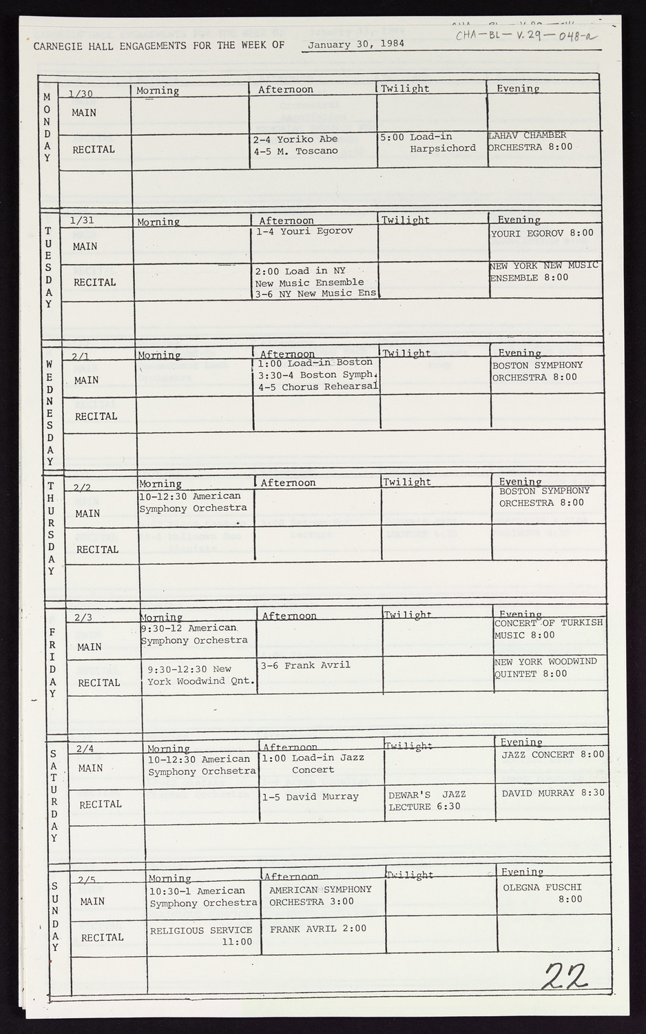 Carnegie Hall Booking Ledger, volume 29, page 48a