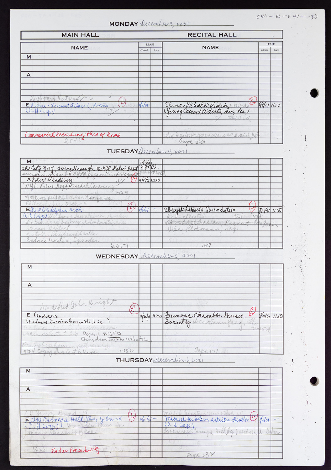 Carnegie Hall Booking Ledger, volume 47, page 30