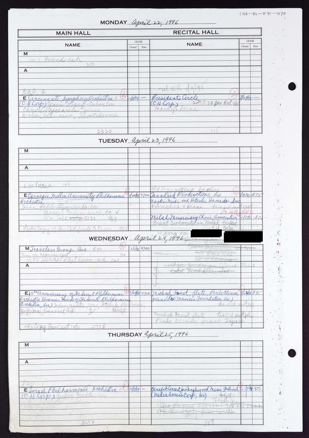 Carnegie Hall Booking Ledger, volume 41, page 70