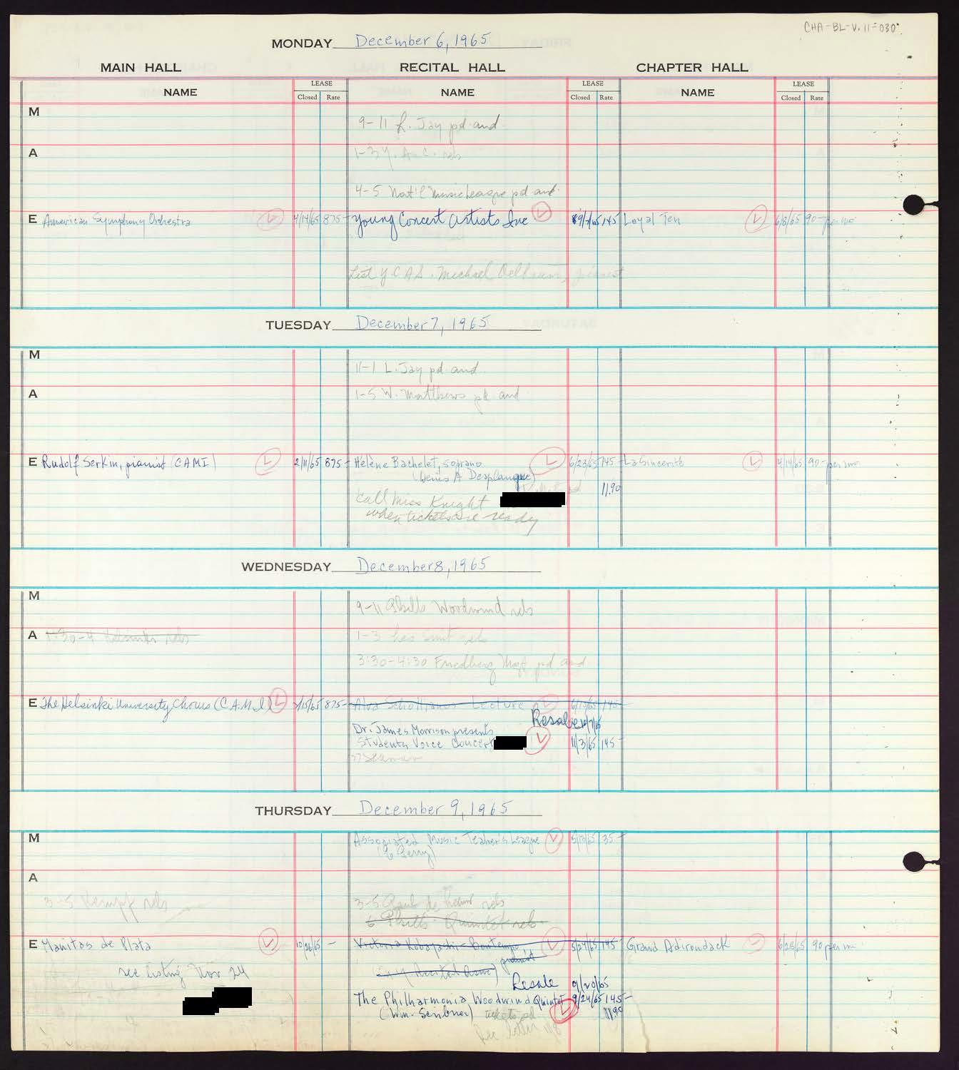 Carnegie Hall Booking Ledger, volume 11, page 30