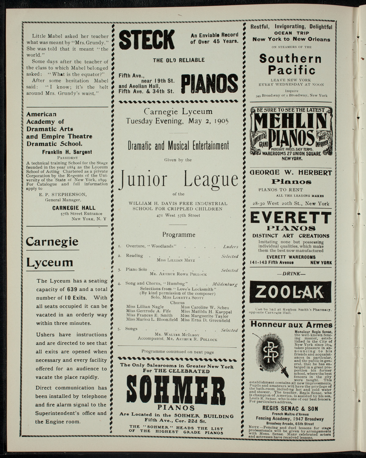 Junior League Dramatic and Musical Entertainment, May 2, 1905, program page 2