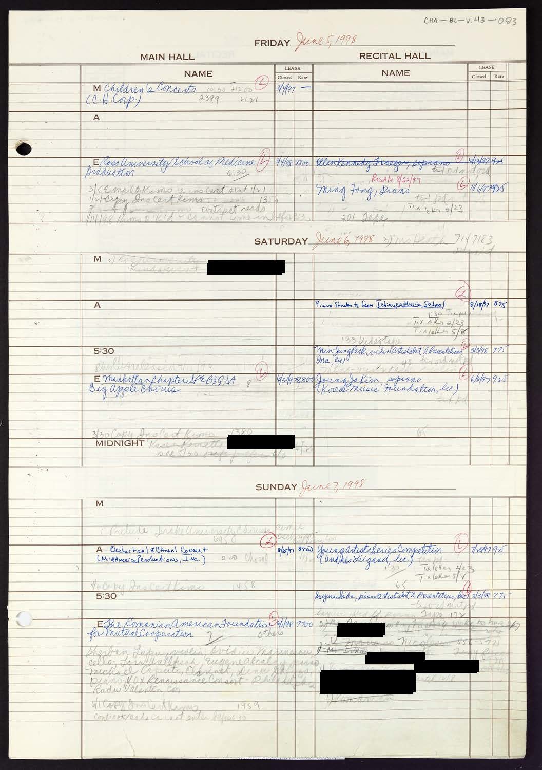 Carnegie Hall Booking Ledger, volume 43, page 83