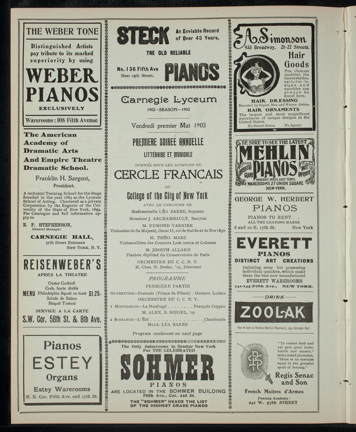 Cercle Francais du College of the City of New York, May 1, 1903, program page 2