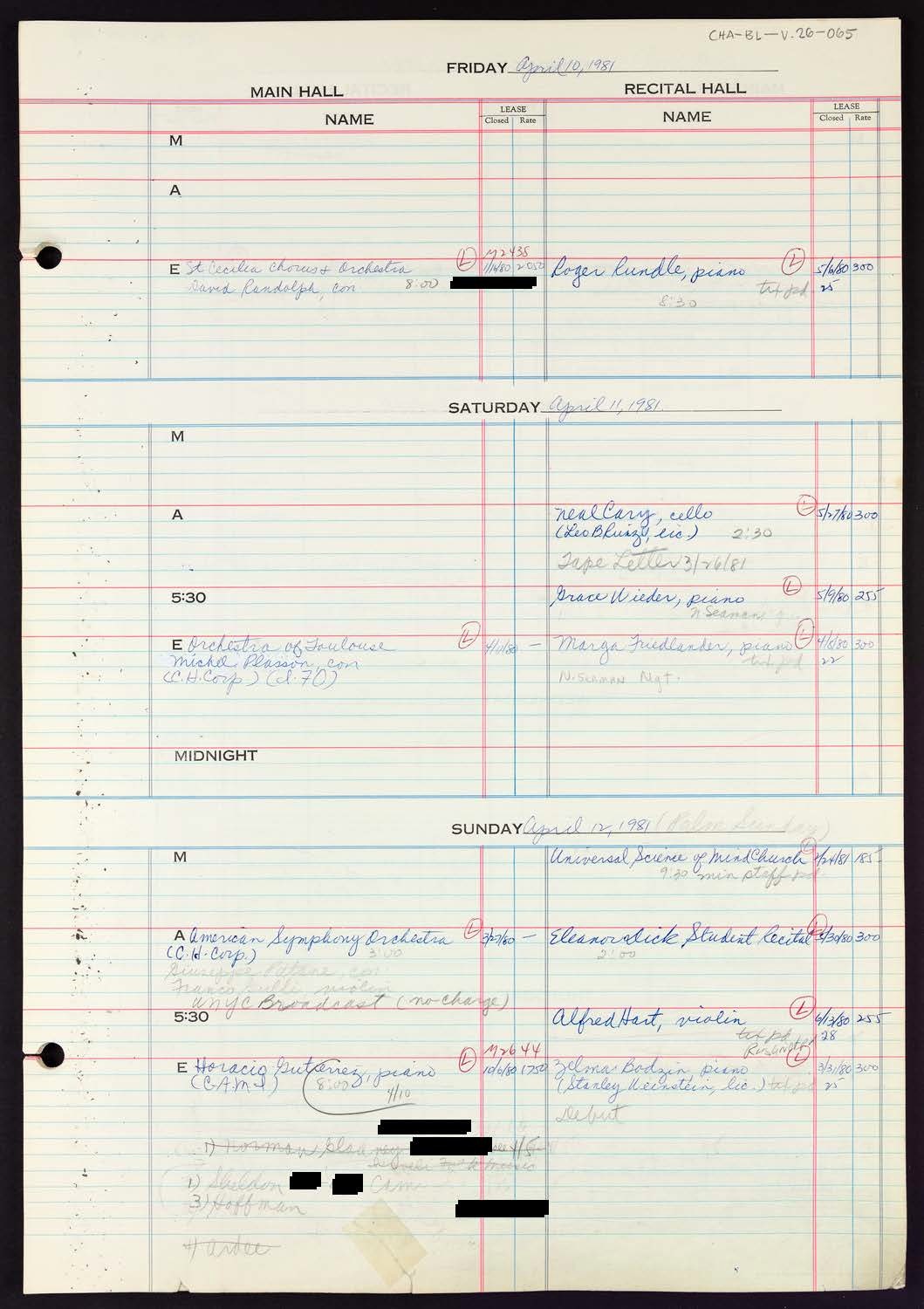 Carnegie Hall Booking Ledger, volume 26, page 65