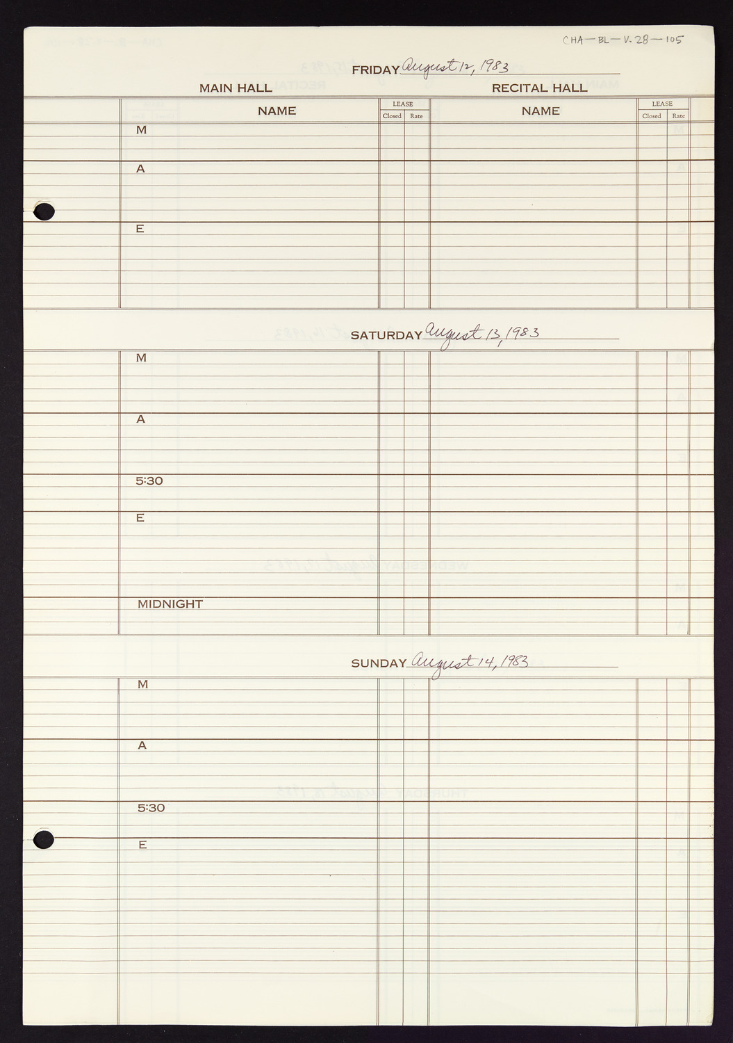 Carnegie Hall Booking Ledger, volume 28, page 105