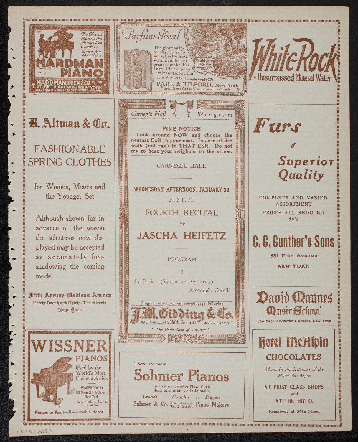 Jascha Heifetz, Violin, January 30, 1918, program page 5