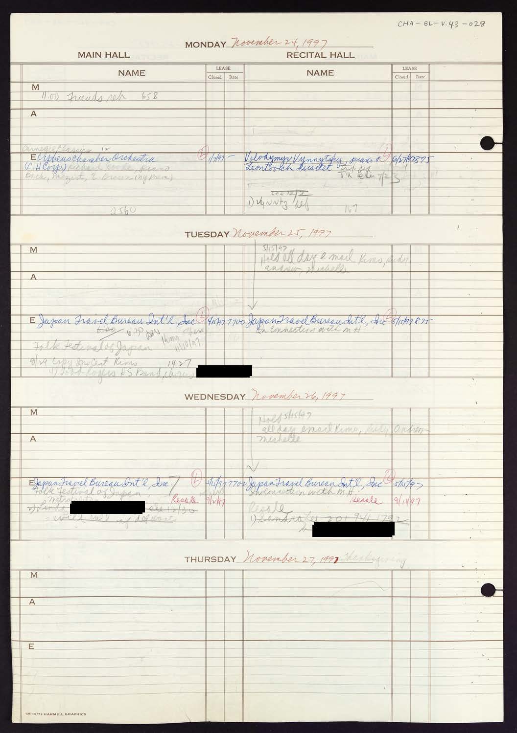 Carnegie Hall Booking Ledger, volume 43, page 28