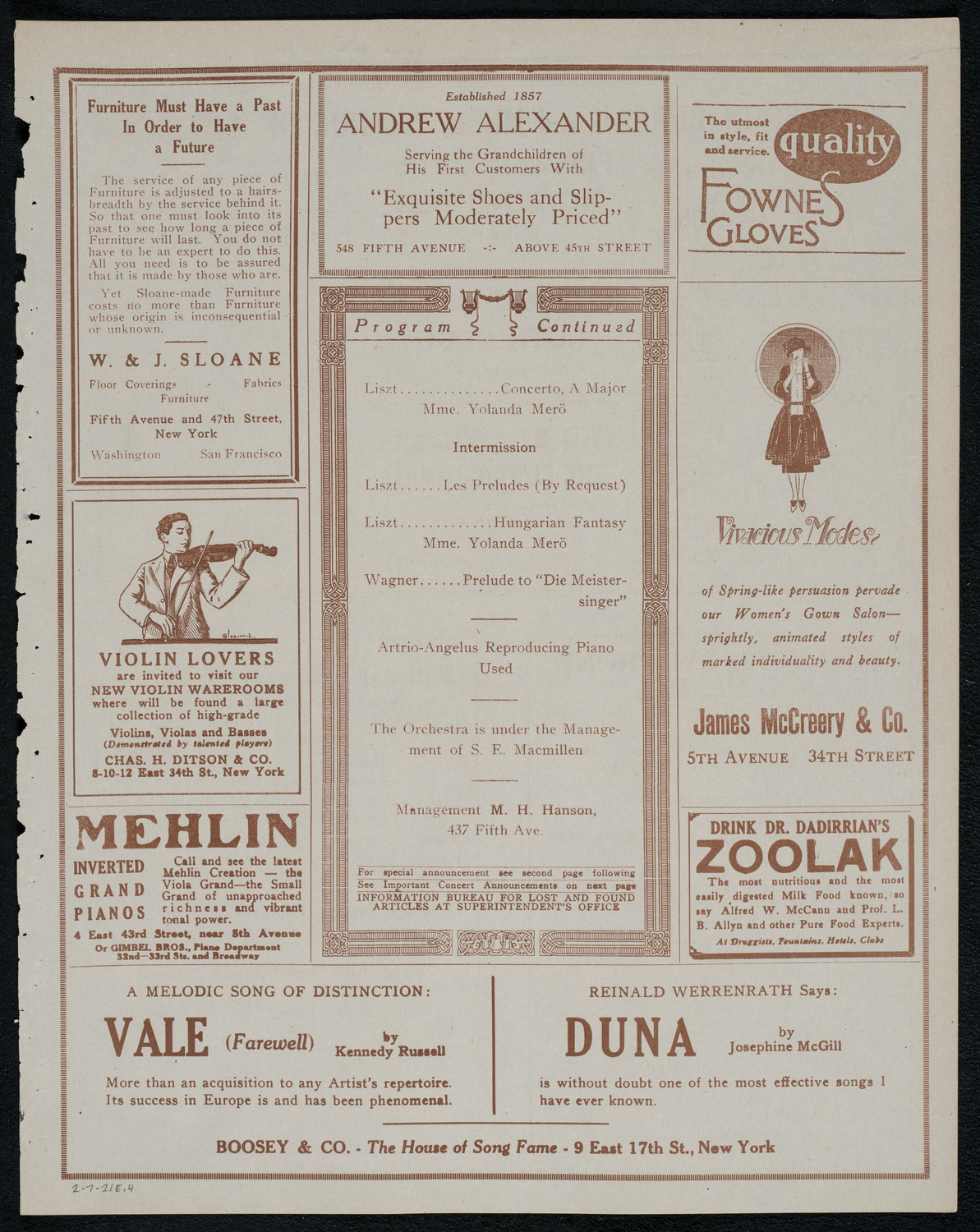 National Symphony Orchestra, February 7, 1921, program page 7